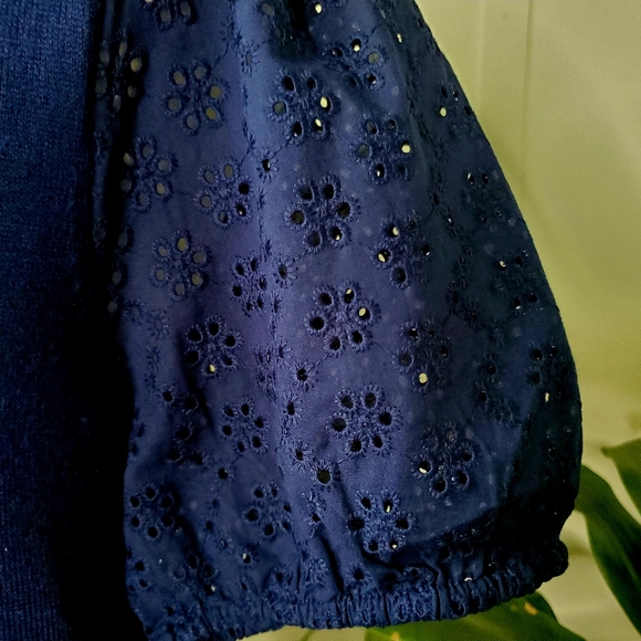 J Crew Factory Eyelet Sleeve Sweater, Navy, Size S - Picture 2 of 6